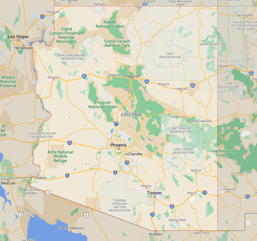 A map of arizona with the state highlighted.