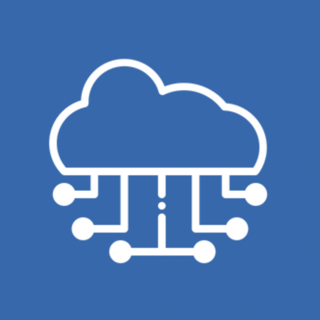 A blue and white icon of a cloud with multiple lines connecting it.