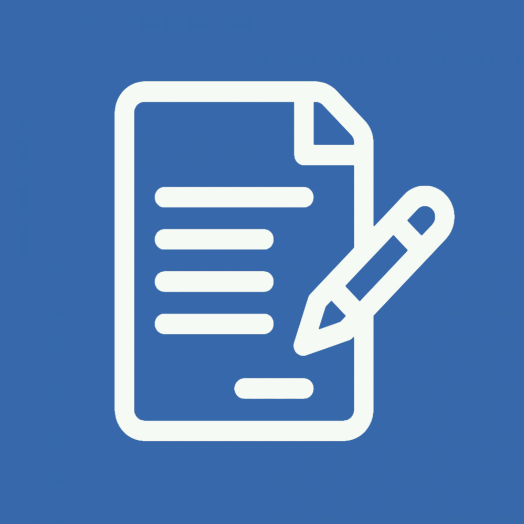 A blue and white icon of a paper with a pen.